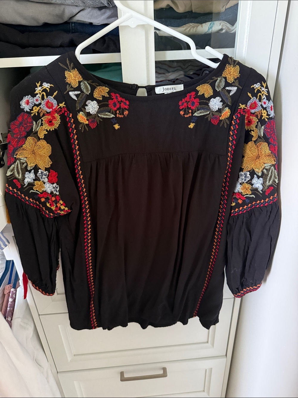 JODIFL Black Embroidered Floral Boho Peasant Blouse